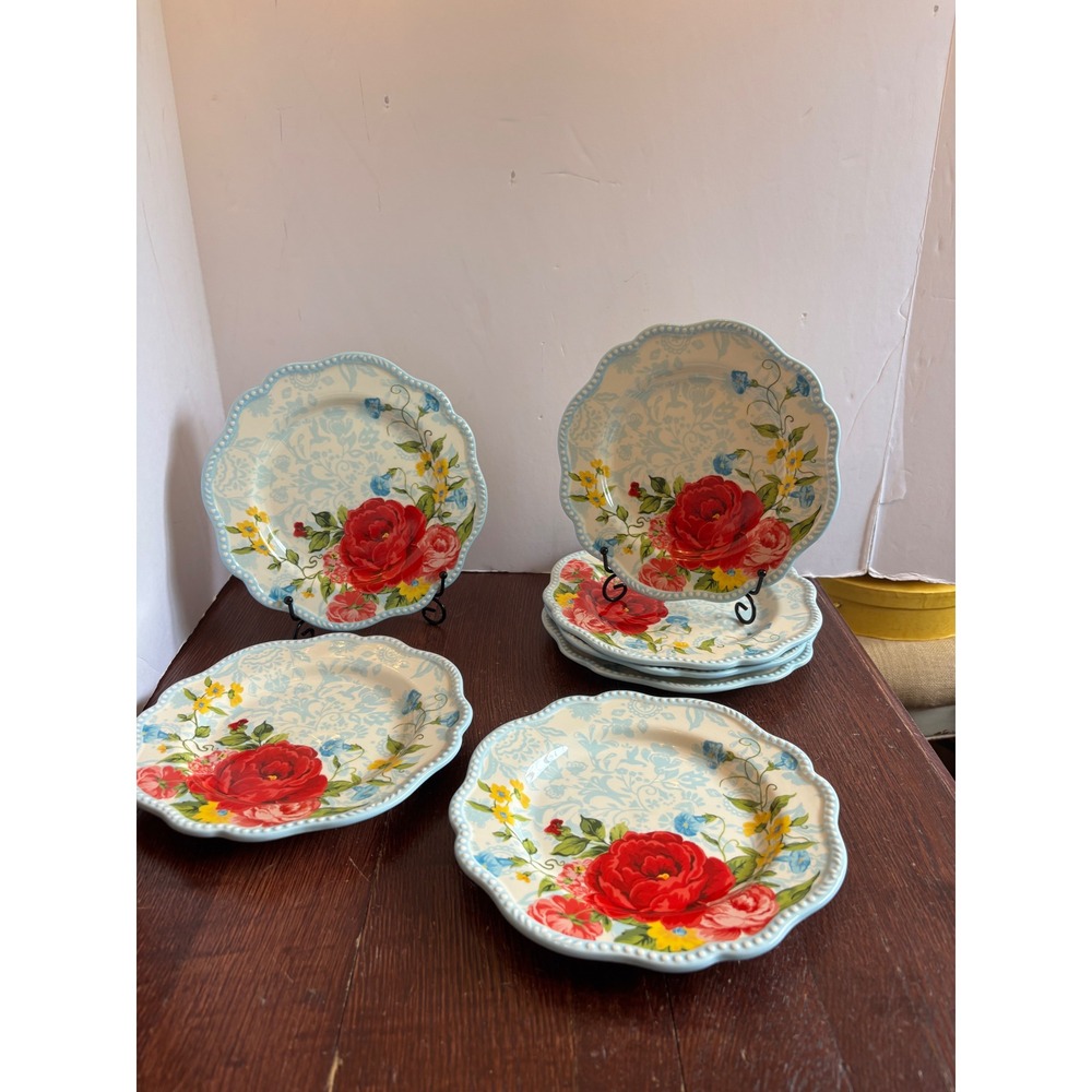 Pioneer‎ Woman Breezy Blossom Salad Plates Set 7 Scalloped Floral Stoneware 8.5"